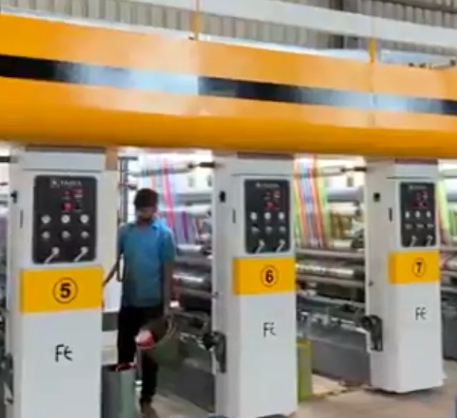 Printing stations with printed web running through the press