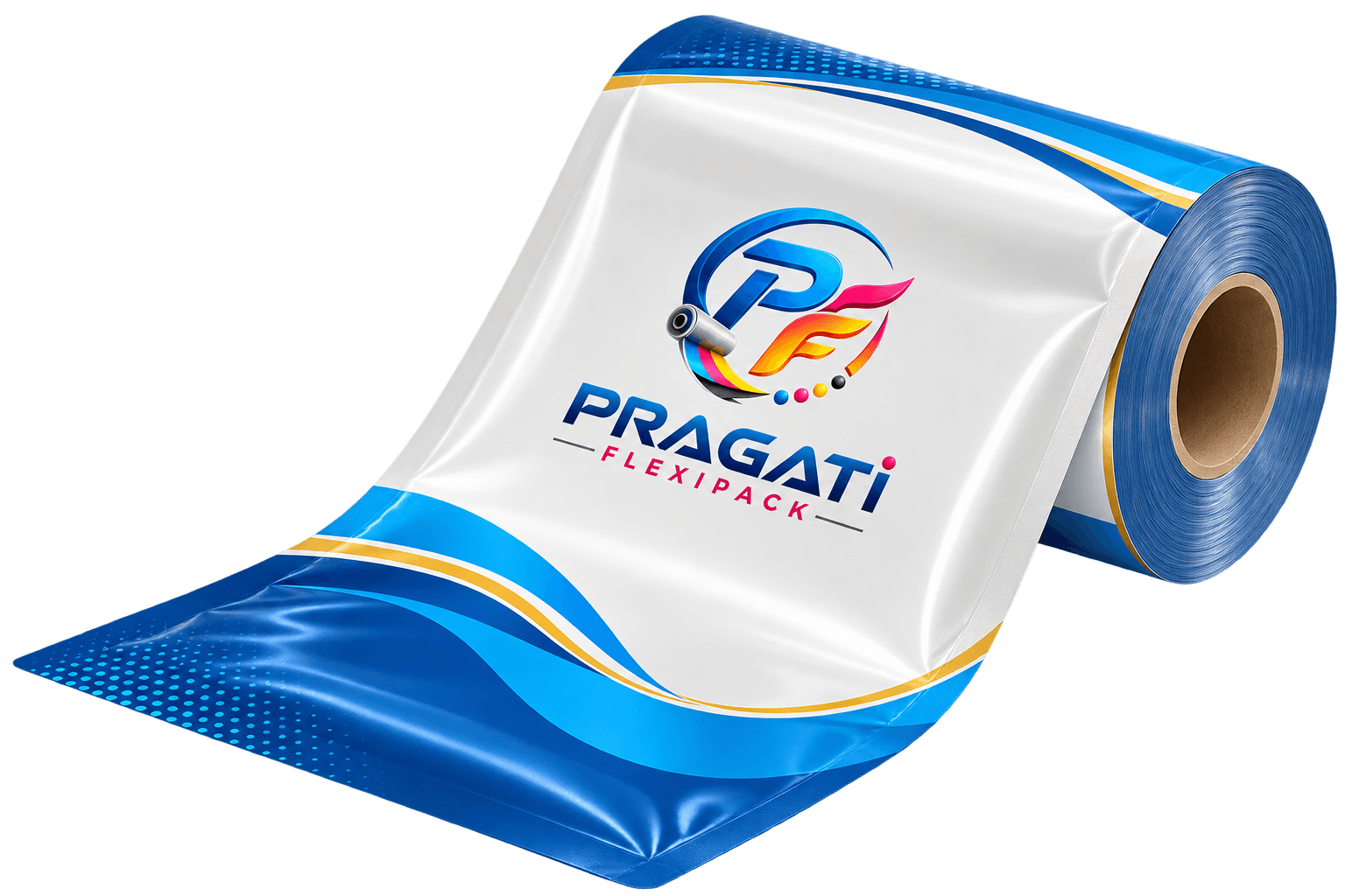 Printed flexible packaging film in roll form on a core