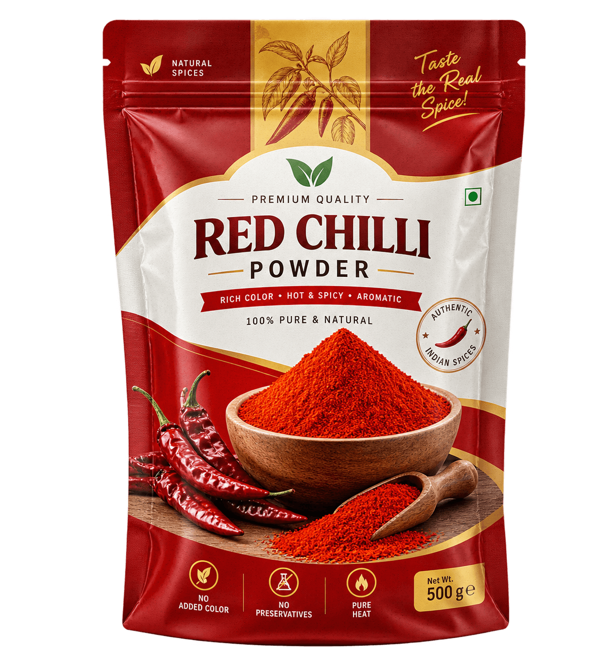 Example of a custom printed stand-up pouch for red chilli powder