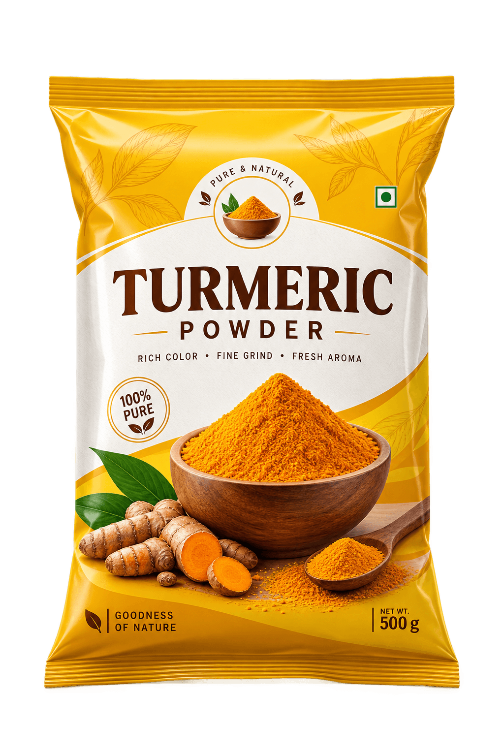 Example of a custom printed stand-up pouch for turmeric powder